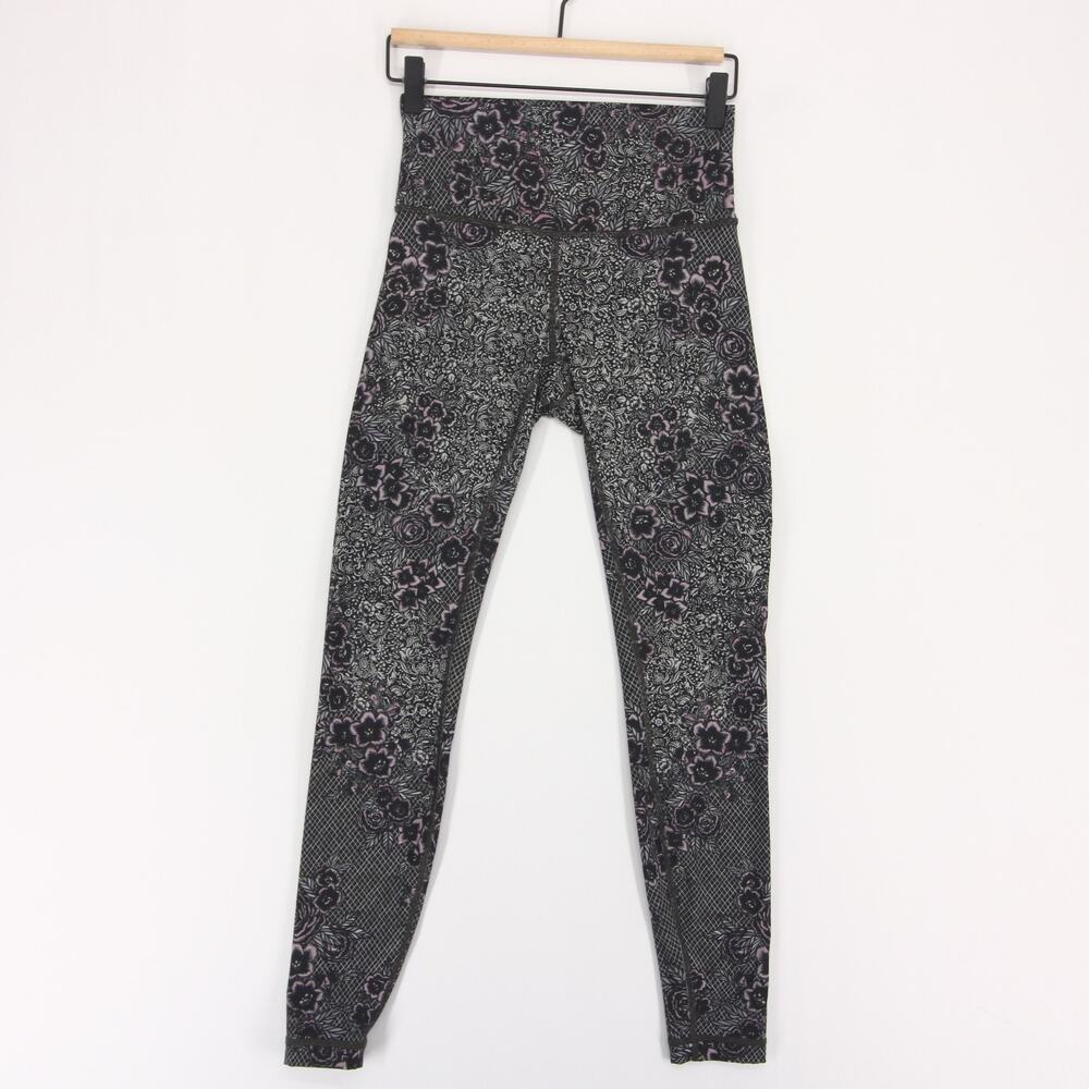 Lululemon Wunder Under Leggings Womens 6 Black Floral High Rise Luxtreme Yoga
